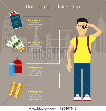 Poster set of equipment for a good travel Tourist with camera in hand Hiking man Passport, document, cash, map, water, backpack