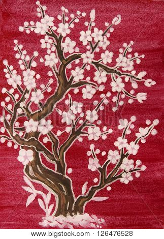 White tree in blossom in traditions of old Chinese art painting gouache on watercolor background.