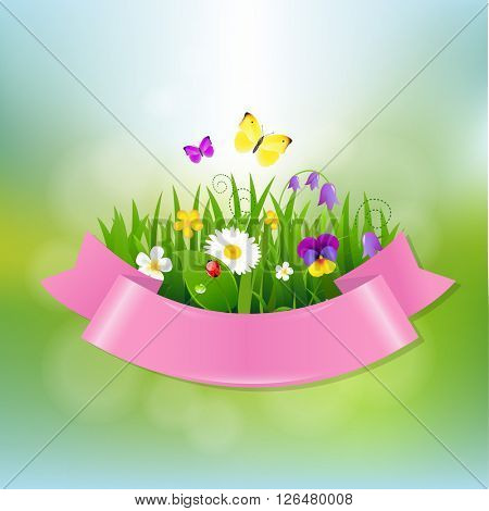 Spring Flowers With Pink Ribbon 