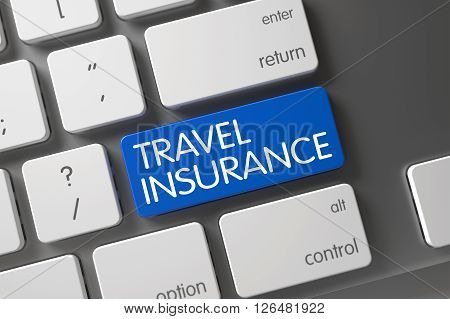 Modern Keyboard with Hot Button for Travel Insurance. Keyboard with Blue Keypad - Travel Insurance. Travel Insurance Button on Laptop Keyboard. 3D Illustration.
