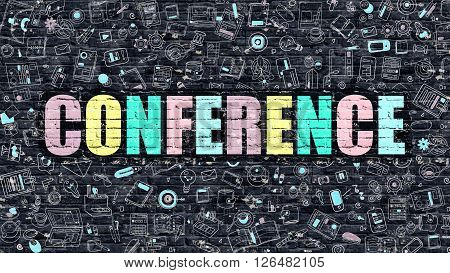 Conference Concept. Modern Line Style Illustration. Multicolor Conference Drawn on Dark Brick Wall. Doodle Icons. Doodle Design Style of Conference Concept. Conference on Dark Brick Wall. Conference.