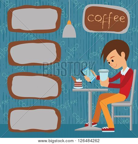 Vector illustration of template for menu brochure flyers for a cafe or restaurant with a picture of a young boy sitting at a table drinking coffee and using tablet.