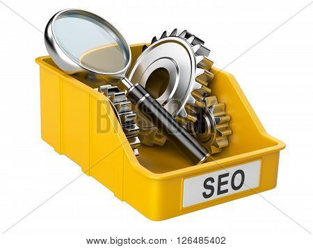 Box with gears inside and magnifying glass. SEO concept related to the ideas and technologies.