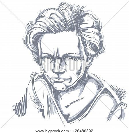Vector Art Drawing, Portrait Of Angry Girl Isolated On White. Facial Expressions, People Negative Em