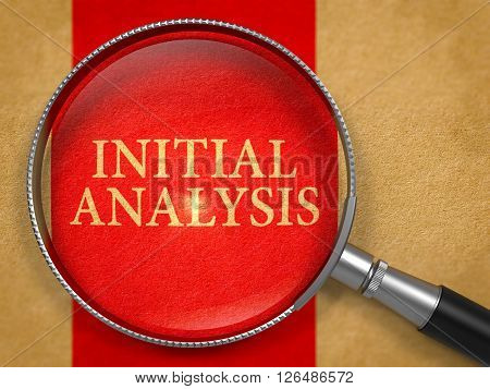 Initial Analysis Concept through Magnifier on Old Paper with Red Vertical Line Background. 3D Render.