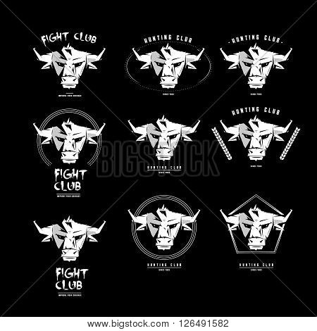 Black and white monochrome emblem, symbol, logotype, sign, badge, sticker, poster of a bull, buffalo, cow. Identity, T-shirt, textile, cloth, apparel, tattoo, print usage