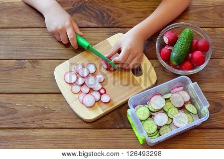 Children hands holding a kitchen knife and a radish. Child is preparing vegetable salad