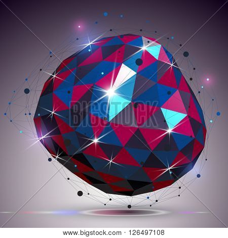Creative asymmetric polished object with lines mesh. 3d colorful shiny complicated engineering abstraction with lights effect. Bright netting modeling element.