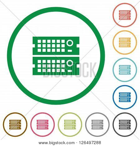 Set of rack servers color round outlined flat icons on white background