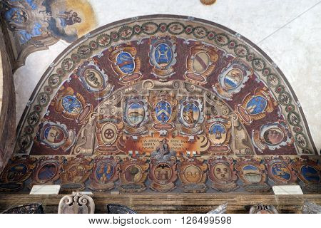 BOLOGNA, ITALY - JUNE 04: External atrium of Archiginnasio, on June 04, 2015