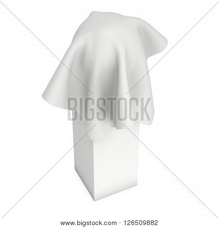 Presentation pedestal covered with a white cloth. Sphere object cover by cloth. 3d render isolated on white.