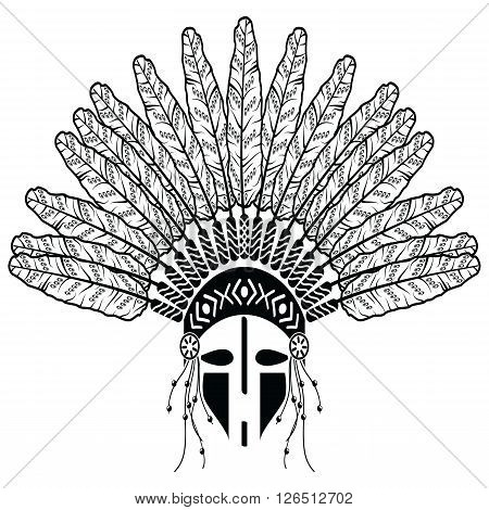 Aztec, ethnic style headdress with decorative feathers, beads symbolizing native American tribes and warrior culture in black and white with decorative ornaments and warrior make up