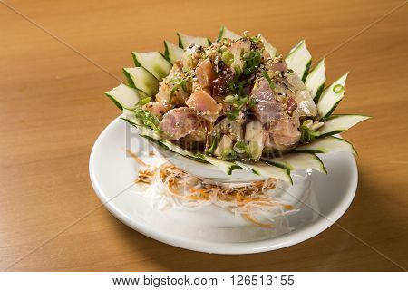 Bowl Of Chirashi Sushi With Mixed Raw Fish And Salmon