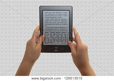 a child read an e book in a grey texture