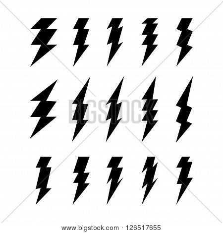 Set of lightning doodle isolated on white background, black silhouette, vector illustration