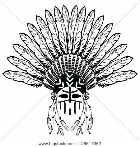 Aztec, ethnic style headdress with plain feathers, beads symbolizing native American tribes and warrior culture in black and white with decorative ornaments and warrior make up