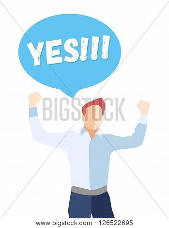 Male in a pose of success with hands up and saying YES - modern vector flat design composition