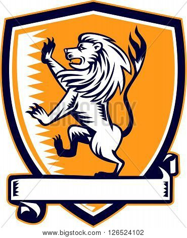 Illustration of an lion big cat with mane flowing prancing viewed from the side set inside shield crest with ribbon on isolated background done in retro woodcut style.