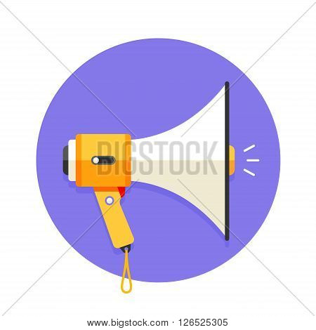 Icon of megaphone or mouthpiece. White and orange megaphone on a violet background. Vector illustration