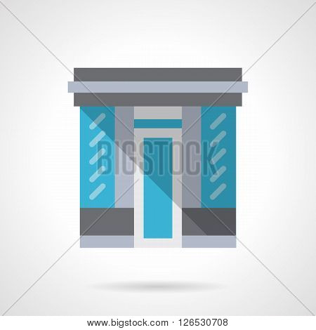 Facade of store with glass wall and doors. Storefront and showcases. Commercial architecture.  Flat color style vector icon. Web design element for site, mobile and business.