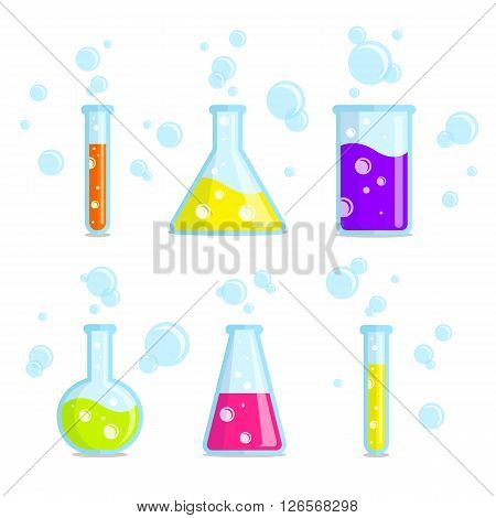 Test tubes beakers flasks and bubbles. Vector colorful icons. Good for use in the medical chemical scientific field.