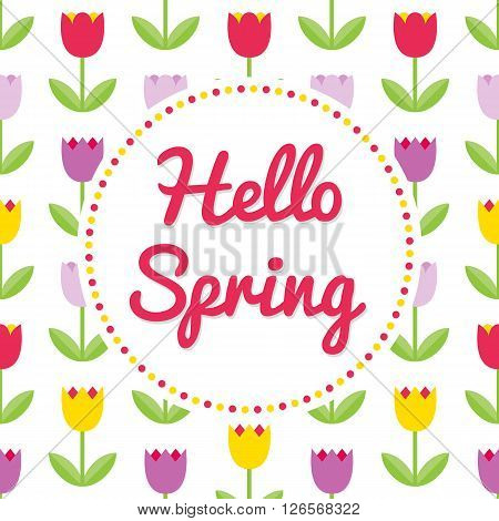 Vector spring background. Spring tulips and round frame. Vector card template. You can place your text in the center on white background.