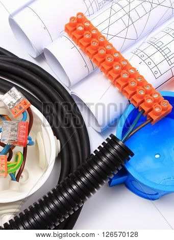 Components for use in electrical installations and rolls of electrical diagrams copper wire connections in electrical box energy concept