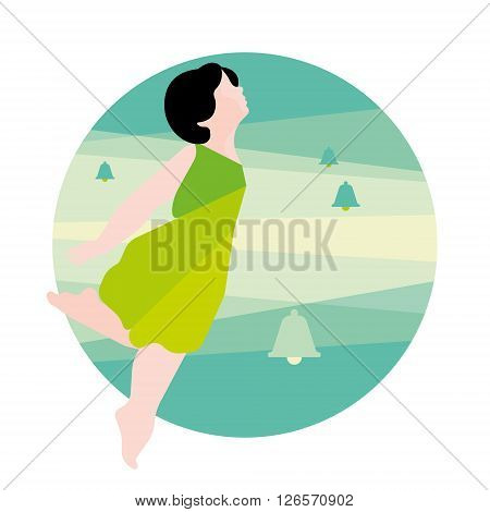 Spring, girl in a green dress and bells