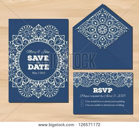 Wedding set with lace elements. Save the date invitation, RSVP card, envelope template on a wooden background. Seamless illustrator swatch for background included. Free fonts used - Nexa Rust, Alex Brush, Crimson