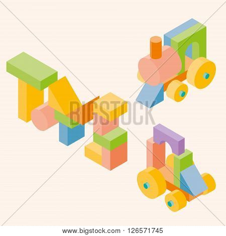 Colored building blocks for children. Vector set. Isometric  illustration