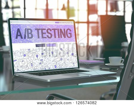 Modern Workplace with Laptop Showing Landing Page in Doodle Design Style with Text AB Testing. Toned Image with Selective Focus. 3D Render.