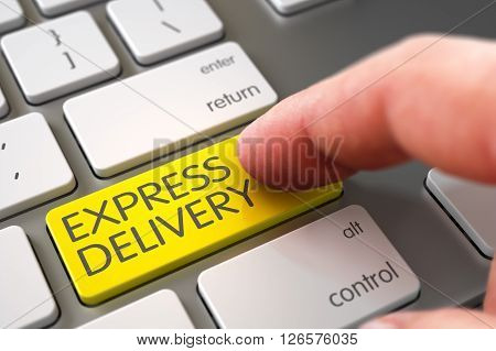 Express Delivery - Modernized Keyboard Concept. Computer User Presses Express Delivery Yellow Key. Hand using White Keyboard with Express Delivery Yellow Keypad, Finger, Laptop. 3D Illustration.