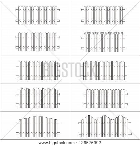 A fence of boards different options. Vector illustration. Without colors. Coloring book for kids. Black contour isolated on a white background.
