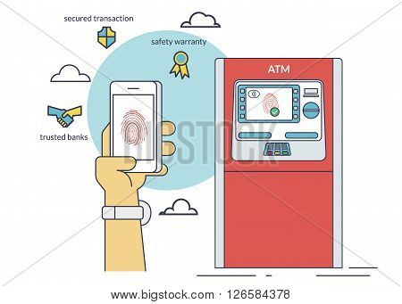 Mobile access to ATM via smartphone using fingerprint identification. Flat line contour illustration of payment via smartphone app
