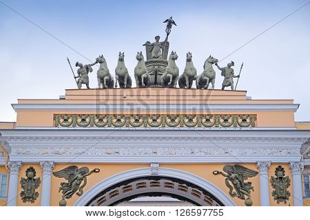 Sculptural group on an arch roof at Palace Square in St. Petersburg, Russia. 