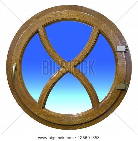 round window wooden house with glass on a white background