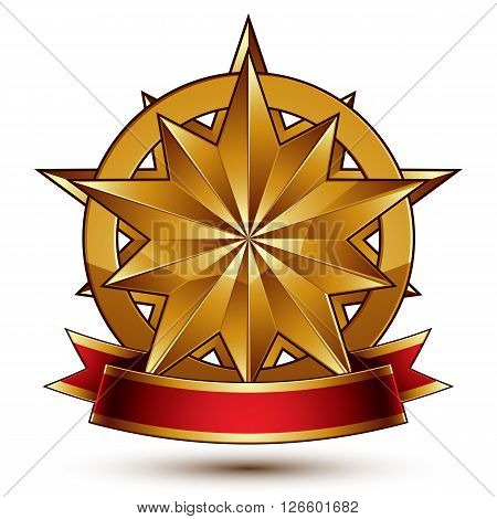 Complicated vector golden design element with polygonal decorative star and red curvy ribbon. 3d luxury medallion isolated on white background.