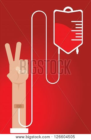 Human blood donation, hand showing the victory sign