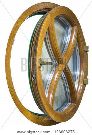 round window wooden house with glass on a white background