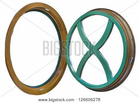 round window wooden house with glass on a white background