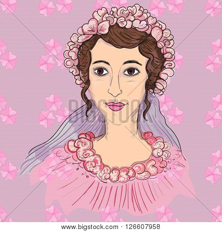 Beautiful Bride in wedding dress and flower diadem, Vector Illustration