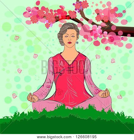 Woman meditates in nature. Sakura blossom season. Vector illustration