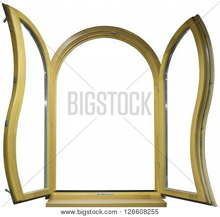 round window wooden house with glass on a white background