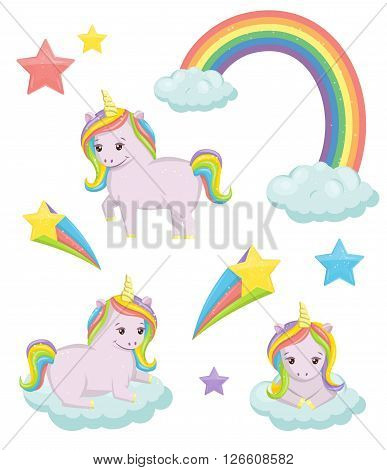 A set of cute magic unicorn fairy tale illustrations. Holiday and event decorations, design elements. Rainbow, clouds, stars.