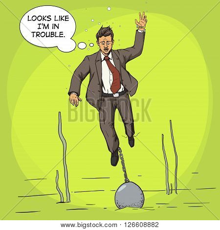 Businessman sinks with weight cartoon comic pop art vector illustration. Human illustration. Comic book style imitation. Vintage retro style. Conceptual illustration