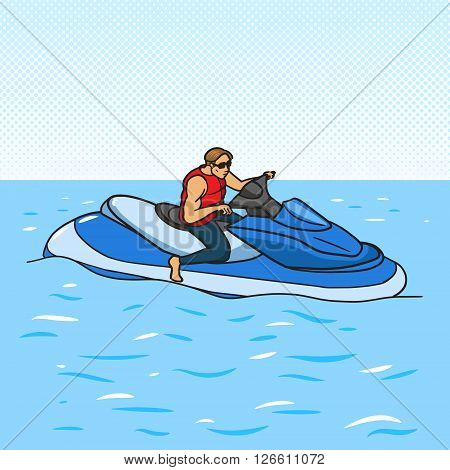 Jetski on water pop art style vector illustration. Human illustration. Comic book style imitation. Vintage retro style. Conceptual illustration