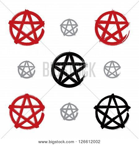 Set of hand-drawn pentagram icons scanned and vectorized collection of brush drawing red magic polygonal stars hand-painted sheriff symbols isolated on white background.
