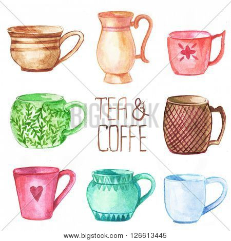 Cup and mug watercolor set.  Hand drawn watercolor illustration.