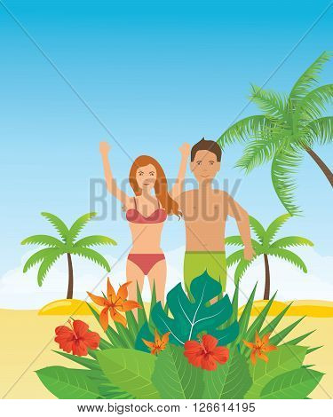 Young couple relaxing on a tropical beach. People on summer beach. Summer people on the sand beach fun vacation