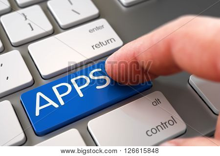 Modern Keyboard with APPS Blue Button. Hand Touching APPS Keypad. Hand Pushing APPS Blue White Keyboard Button. Hand using Computer Keyboard with APPS Blue Key, Finger, Laptop. 3D Render.